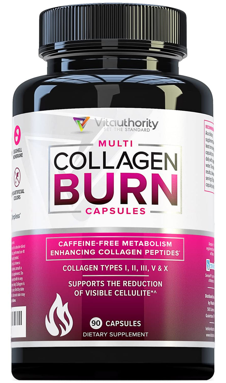 Multi Collagen Burn: Multi-Type Hydrolyzed Protein Peptides with Hyaluronic Acid, Vitamin C, SOD B Dimpless, Types I, II, III, V and X, Caffeine-Free (Unflavored Capsules)