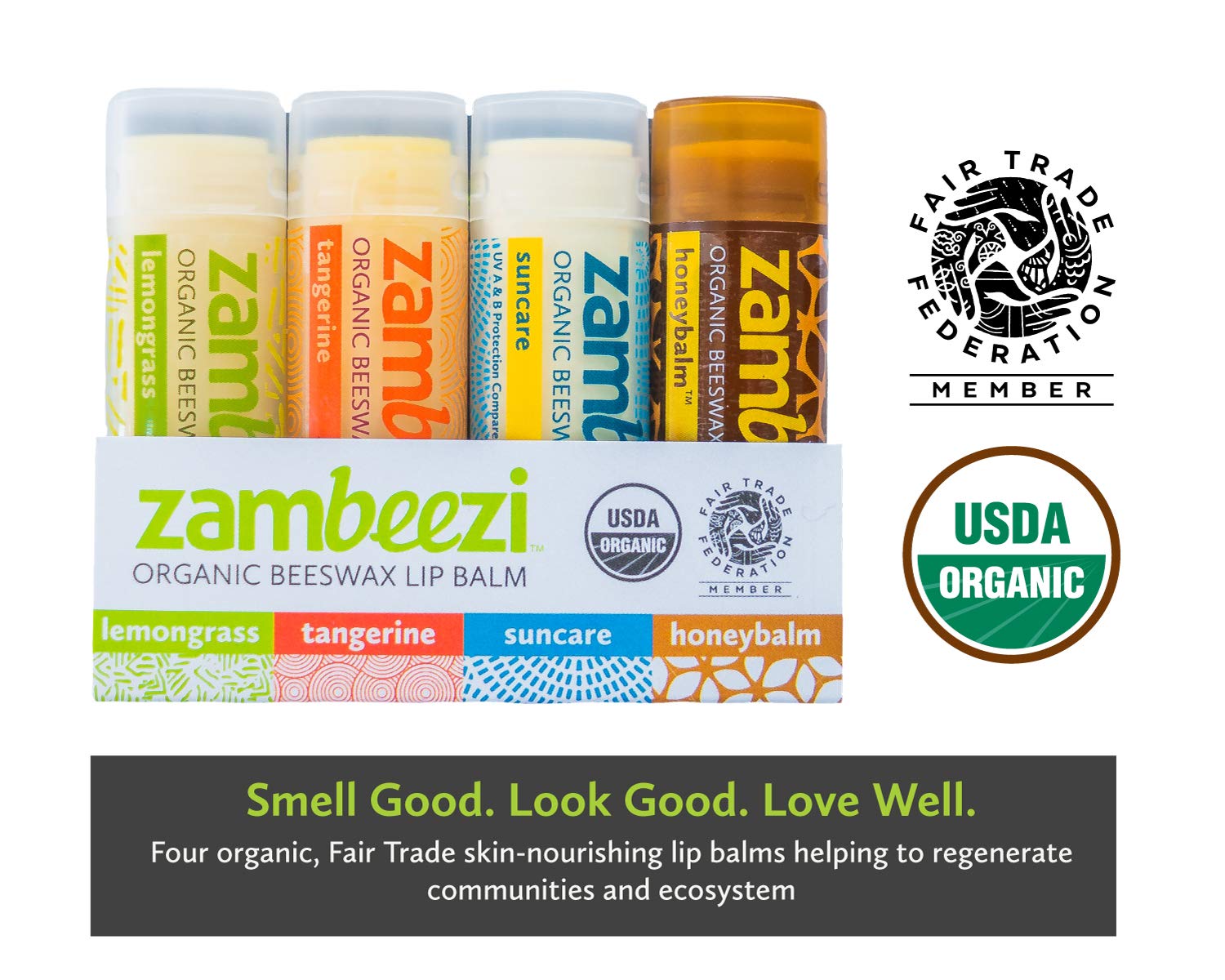 ZAMBEEZI Fair Trade, Organic Beeswax Lip Balm - Variety 4 Pack (Lemongrass, Tangerine, Suncare and Honeybalm) - Ethically Sourced