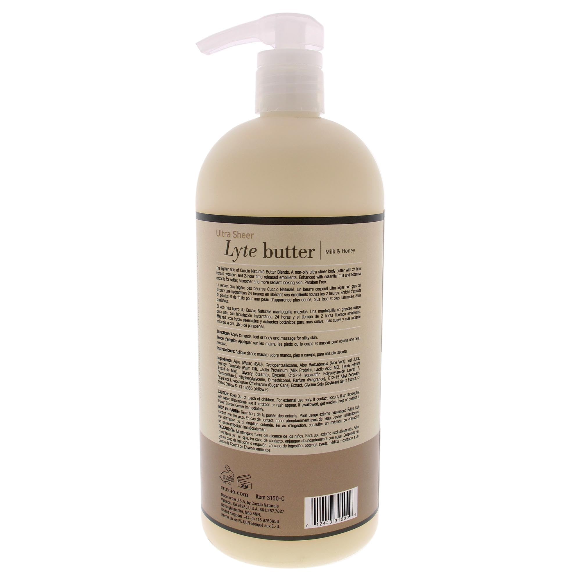 Cuccio - Ultra Sheer Lyte Butter - Milk and Honey - for Unisex - Body Butter - 32 oz