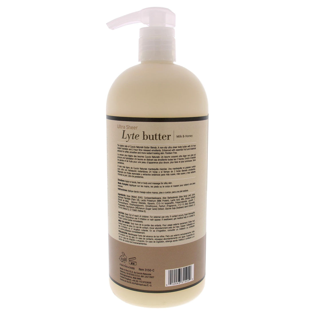 Cuccio - Ultra Sheer Lyte Butter - Milk and Honey - for Unisex - Body Butter - 32 oz
