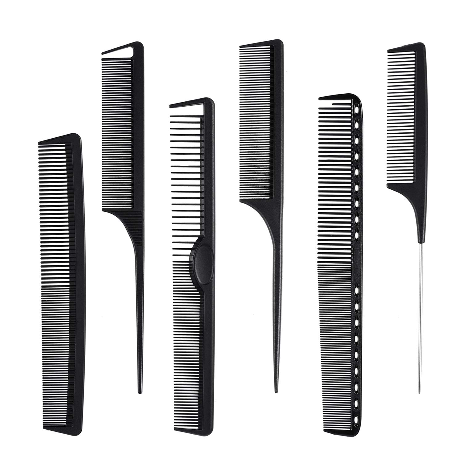 Carbon Fiber Hair Combs Set, General Styling Grooming Comb, Anti Static Heat Resistant Hairdressing Comb 6 pack, Fine and Wide Tooth Hair Barber Comb, Rat Tail Comb