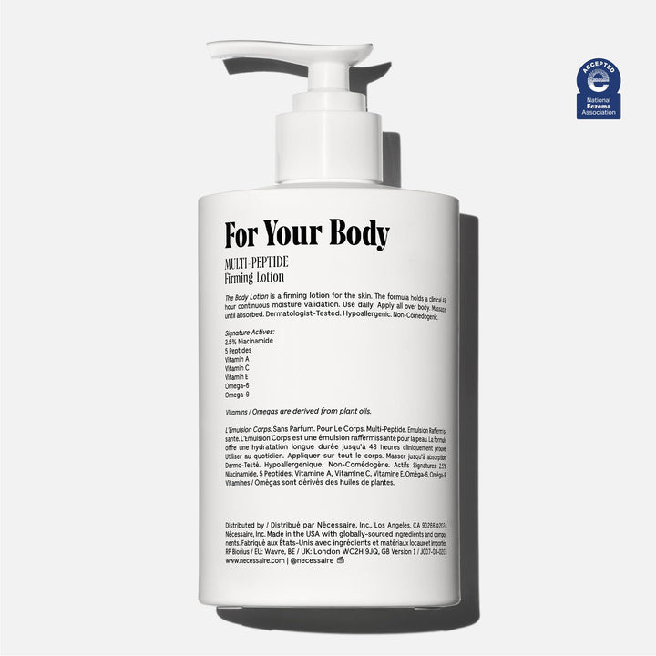 Nécessaire The Body Lotion with Pump. Fragrance-Free. Multi-Peptide Firming Lotion to Moisturize, Firm, Strengthen. 2.5% Niacinamide, Vitamin C/E + Omega 6/9. 450ml / 15.2 fl oz