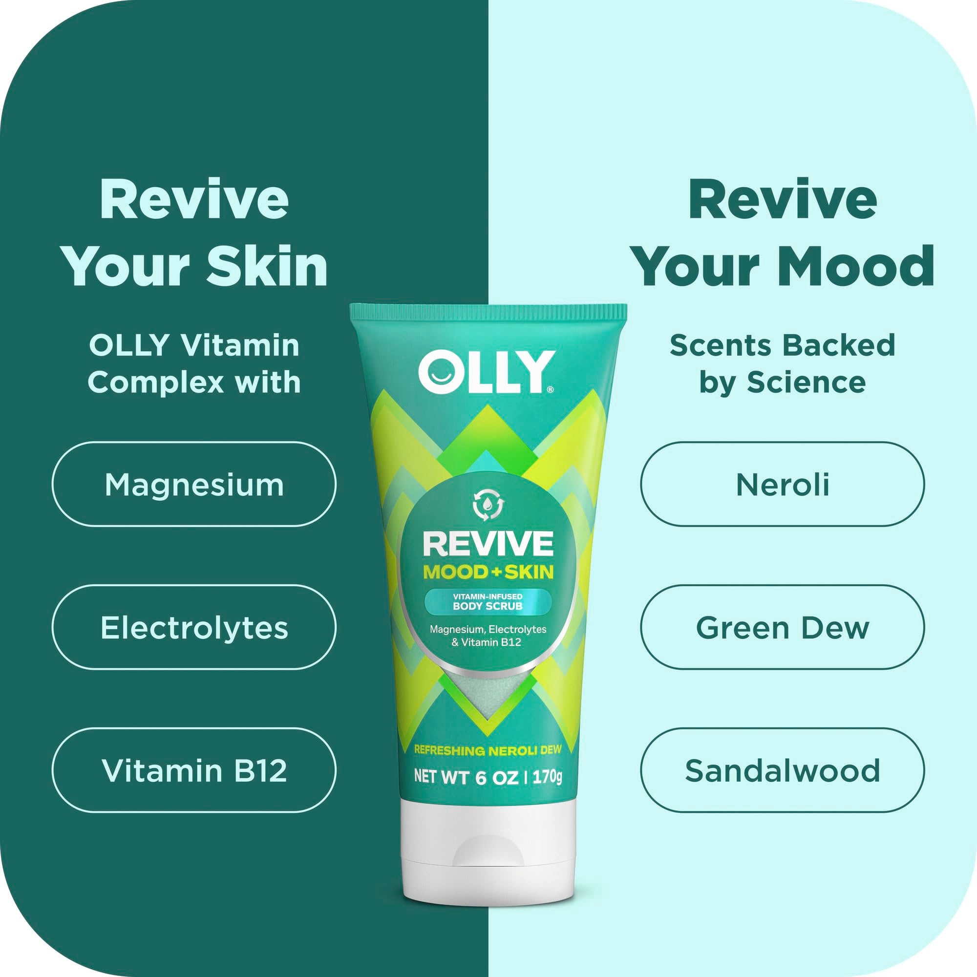 OLLY Revive Body Scrub with Magnesium, Electrolytes & Vitamin B12– Nourishing Cleanser for Skin Exfoliation, Barrier Repair, Refreshing Nerolidew Scent, 6 oz