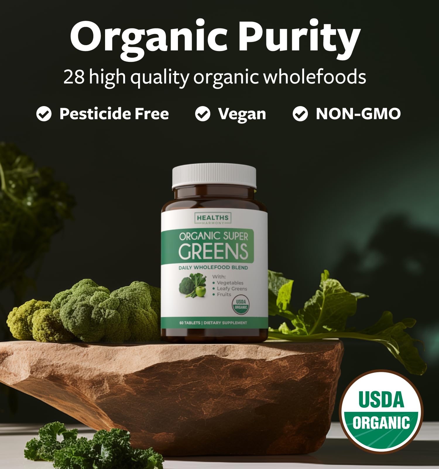 USDA Organic Greens Powder (60 Tablets) Convenient Pills - Complete Superfood Supplement with 28 Fruits & Vegetables - Super Antioxidants, Energy, Gut Health, and Immune Support (No Capsules)