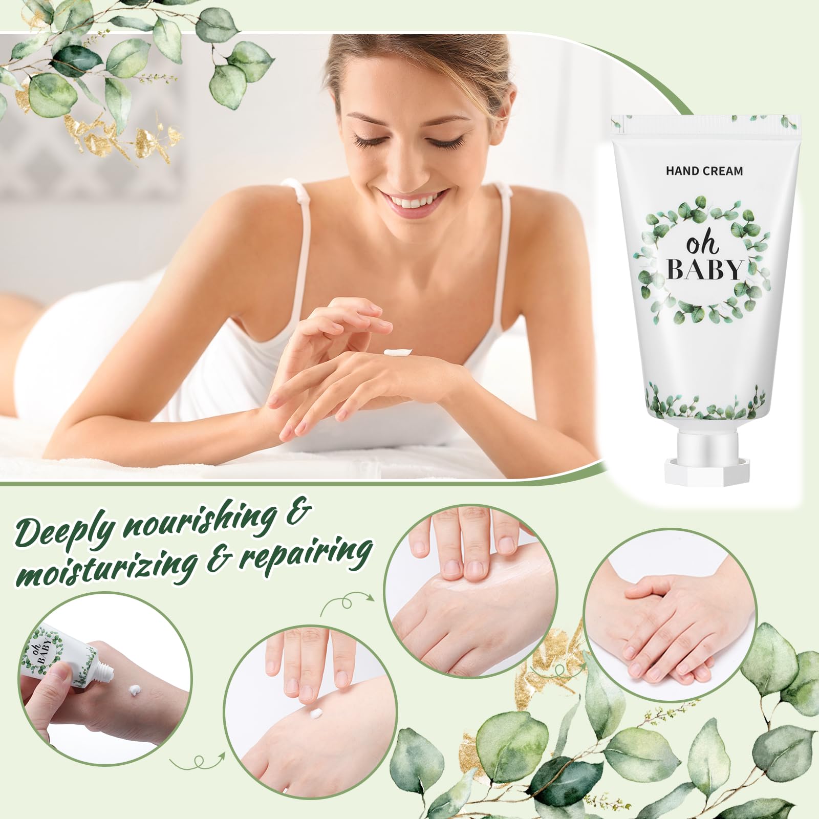 Dansib 48 Sets Baby Shower Hand Lotion Gifts for Guest Party Favors Travel Size Hand Lotion Bulk with Organza Bags Thank You Cards Wooden Sign Baby Shower Games Party Gifts(Green,Eucalyptus)