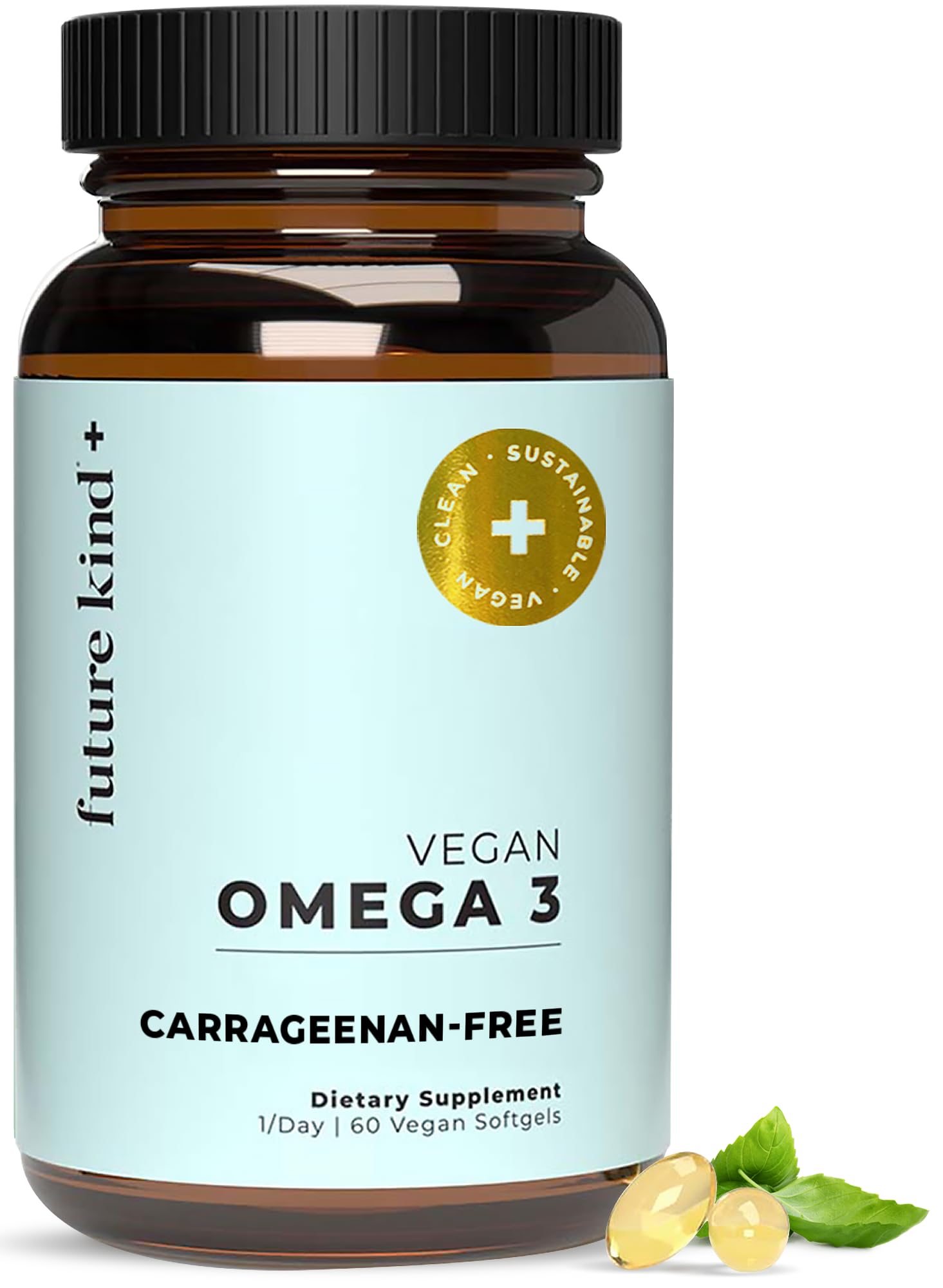 Future Kind Vegan Omega 3 Supplement - Glass Bottle, Carrageenan-Free Algae, DHA & EPA for Joint & Mood Support - 2 Month Supply for Kids & Adults