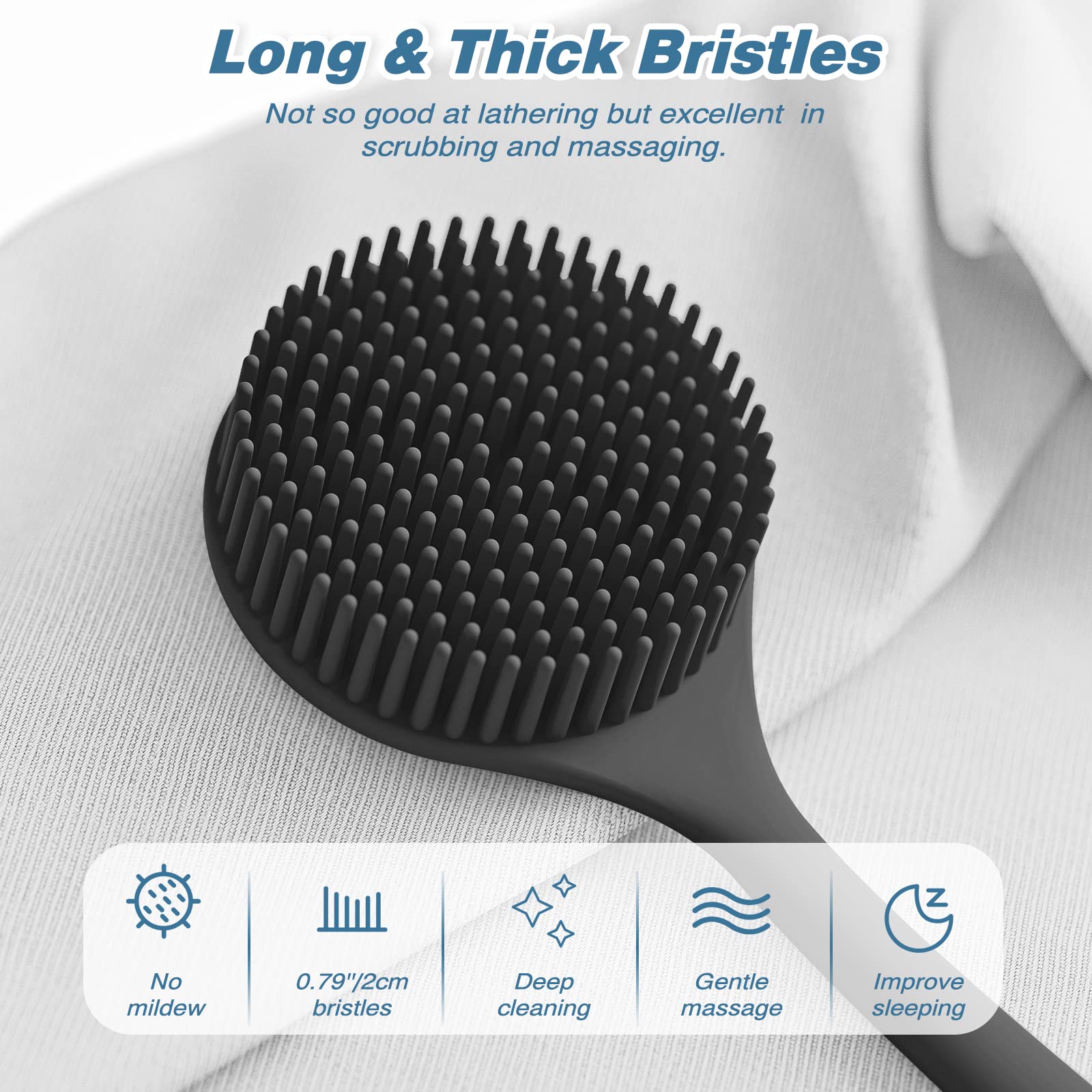 ManmiHealth Silicone Back Scrubber(Thick Bristles) & Soft Bath Glove Set, Super-Exfoliating Body Scrubber & Super-Lathering Shower Brush Combination, with a Free Hook.(Black)
