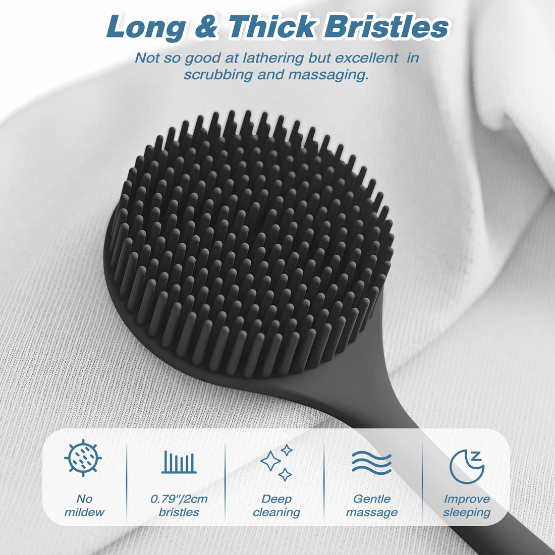 ManmiHealth Silicone Back Scrubber(Thick Bristles) & Soft Bath Glove Set, Super-Exfoliating Body Scrubber & Super-Lathering Shower Brush Combination, with a Free Hook.(Black)