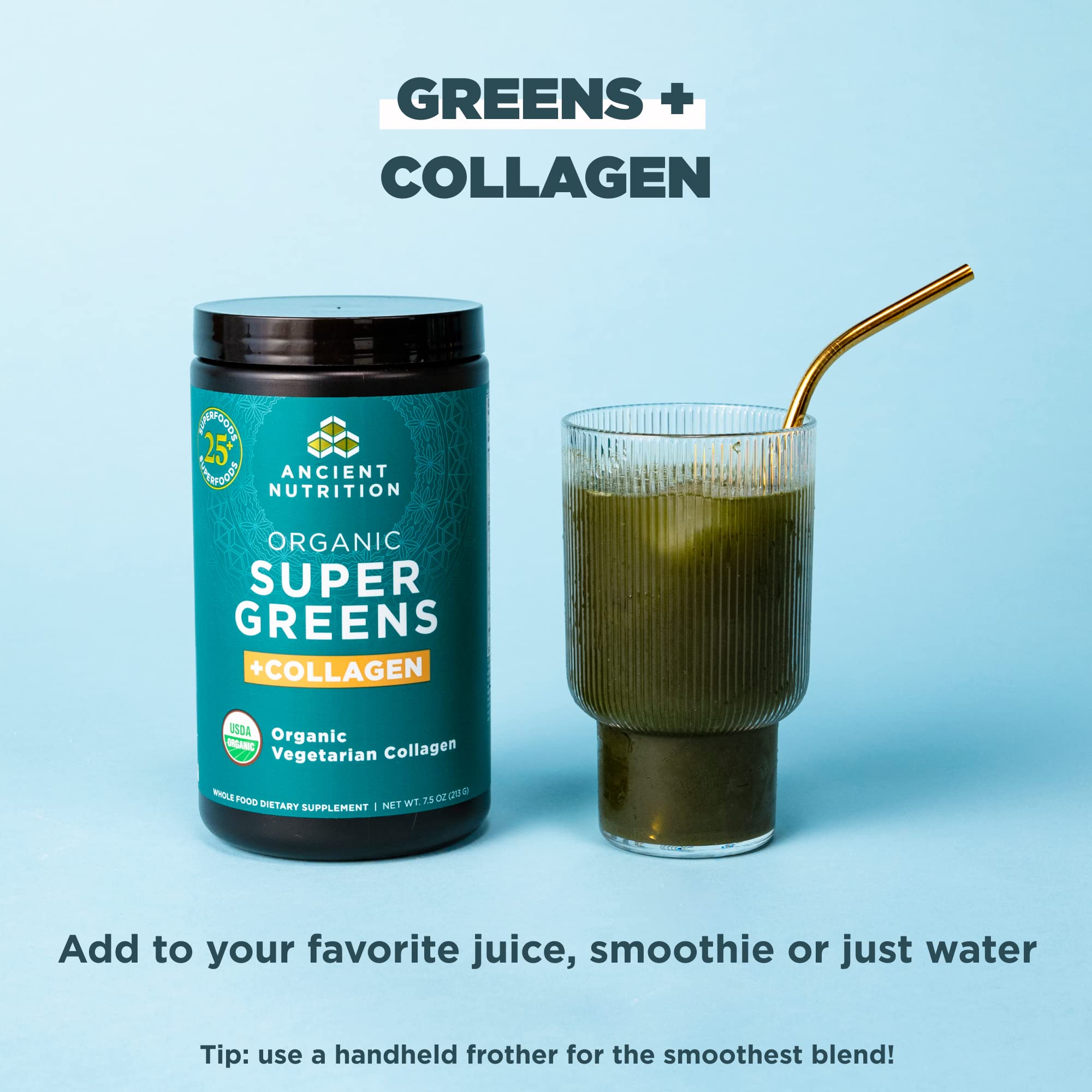 Ancient Nutrition Supergreens Powder, Organic Superfood Powder with Collagen, Made from Real Fruits, Vegetables and Herbs, for Digestive and Energy Support, 25 Servings, 7.5oz