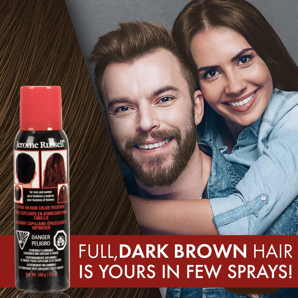 Jerome Russell Spray-on Color Dark Brown Hair Thickener, For Fine and Thinning Hair, Conceals Bald Spots, Grey Hair, Hides Root Re-growth, and Cover Hair Extension Tracks, Works for Men and Women, 3.