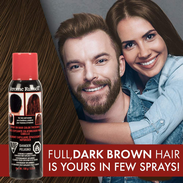 Jerome Russell Spray-on Color Dark Brown Hair Thickener, For Fine and Thinning Hair, Conceals Bald Spots, Grey Hair, Hides Root Re-growth, and Cover Hair Extension Tracks, Works for Men and Women, 3.