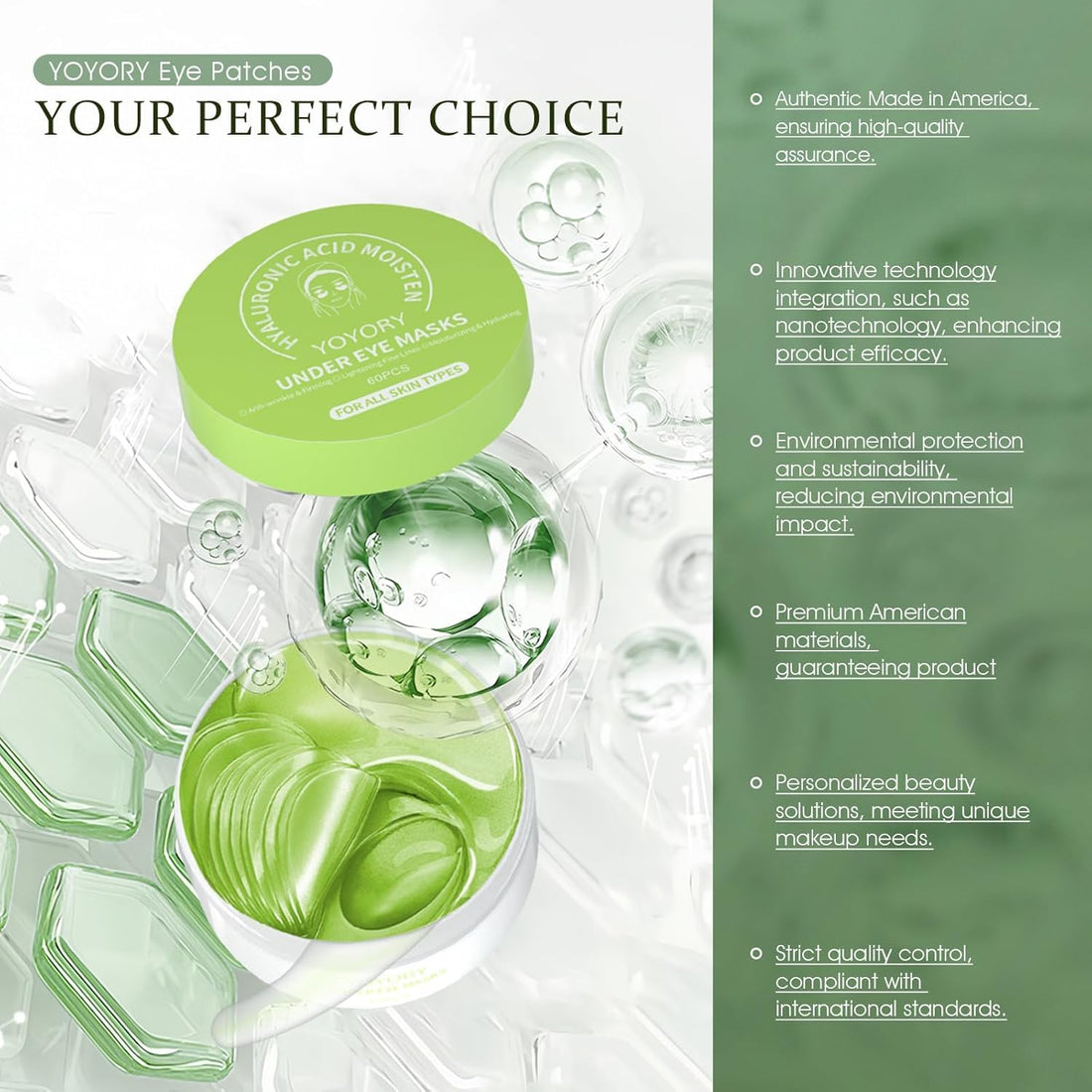 YOYORY Under Eye Patches - Eye Gel Masks for Wrinkles, Dark Circles, Puffy Eyes, Fine Lines, Eye Bags Treatment with Hyaluronic Acid Collagen, Moisturizing Hydrating 60 pcs,Green