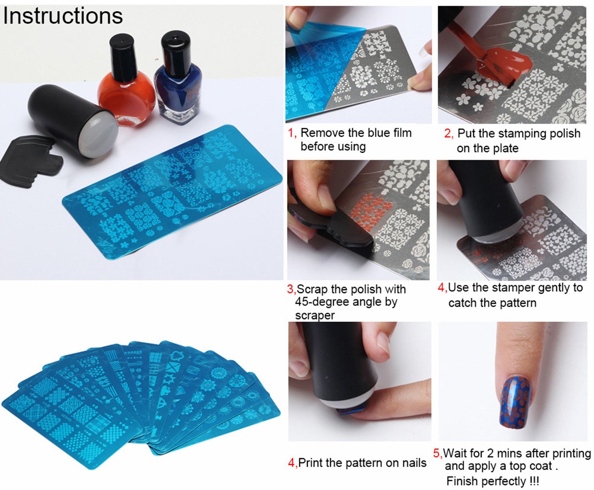 WOKOTO 5Pcs Nail Plates Stamping Set With Classic Geometric Stars Nail Image Plate Stamping Nail Art Kit With Stamper And Scraper Kit For Women Girls