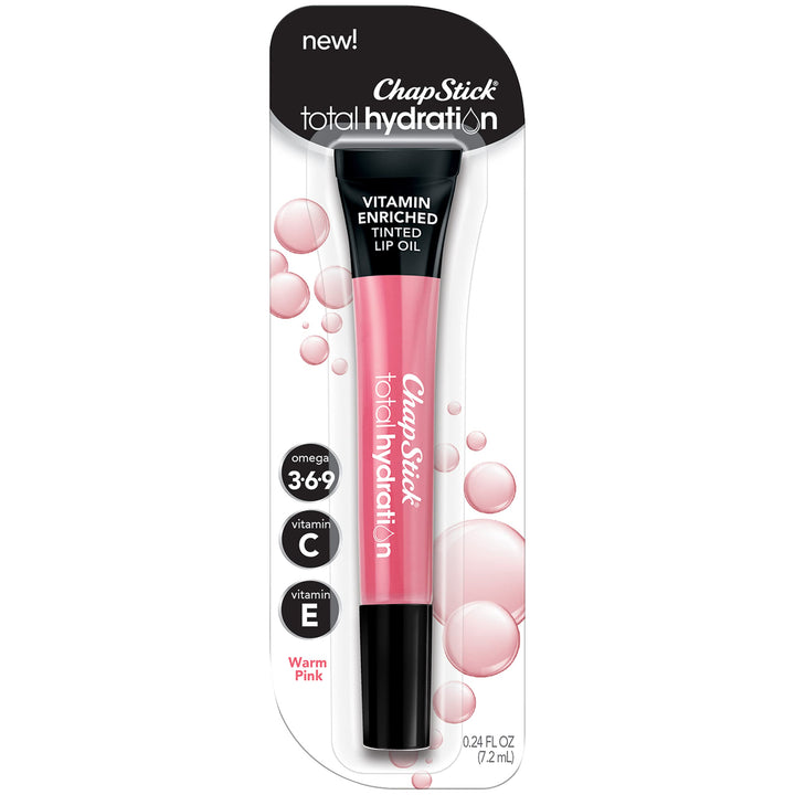 Warm Pink: Chapstick Total Hydration Vitamin Enriched Tinted Lip Oil (Warm Pink, 1 Tube), Vitamin C, Vitamin E, Contains Omega 3 6 9, 0.24 Ounce