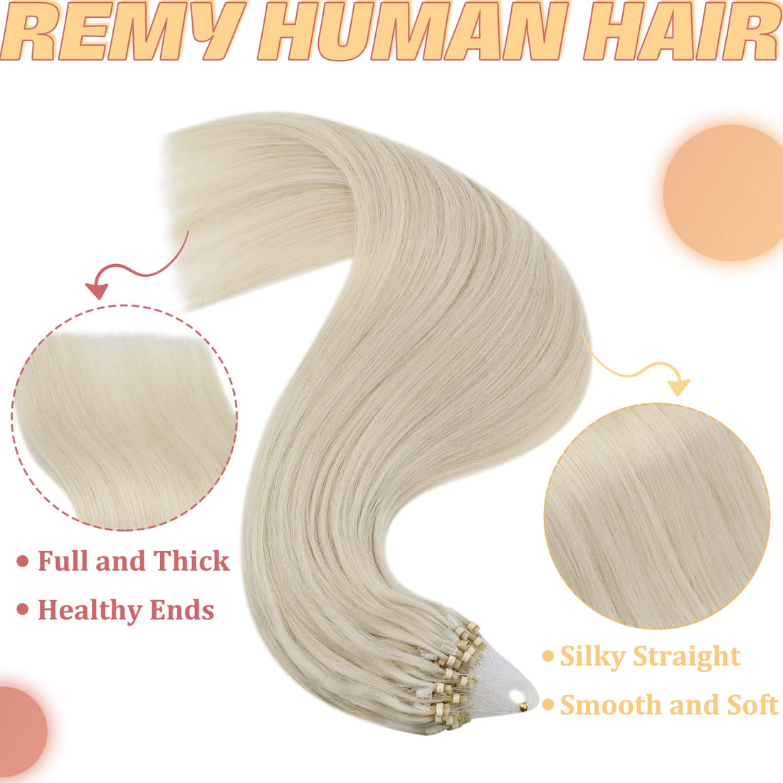 16, 60: Youngsee Platinum Blonde Loop Micro Link Extensions Human Hair 16 Micro Rings Real Hair Extensions Silkly Straight 50G Per Pack