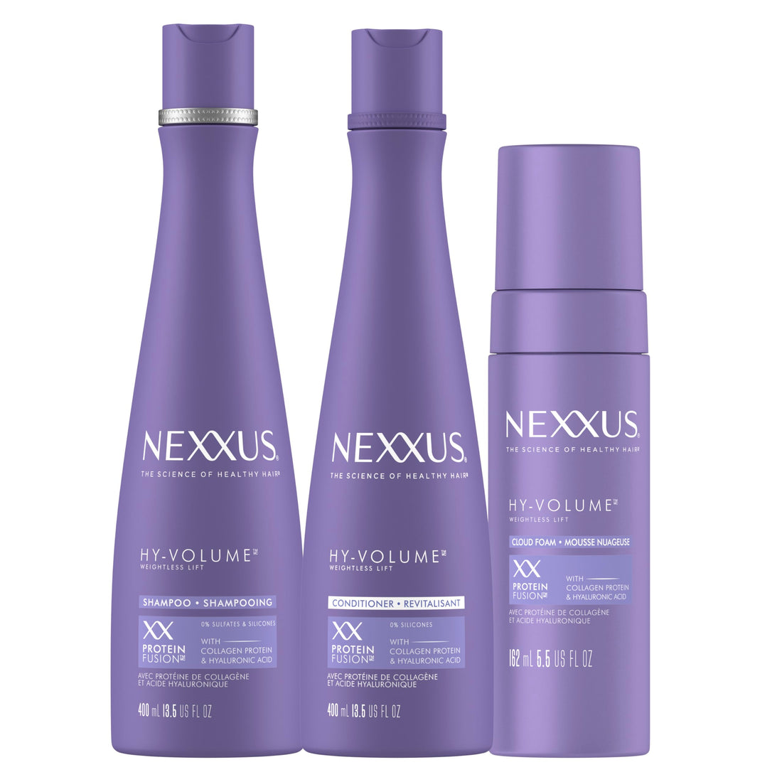 Nexxus HY-VOLUME Weightless Lift Shampoo, Conditioner & Foam 3 Pack PROTEIN FUSION with Collagen Protein & Hyaluronic Acid For Flat & Limp Hair for 48 Hours of Volume 13.5 fl oz & 5.5 fl oz