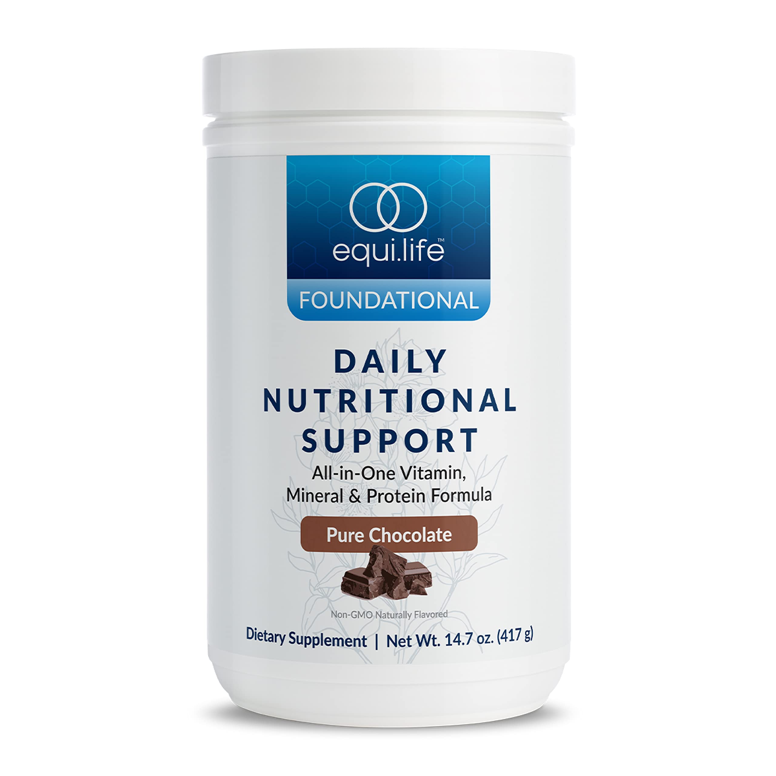 Equilife - Daily Nutritional Support, Organic and Plant Based Protein Powder, All-in-one Multivitamin, Boost Energy and Mood, Gut-Cleansing Aid and Skin Health (Pure Chocolate,14 Servings Tub)