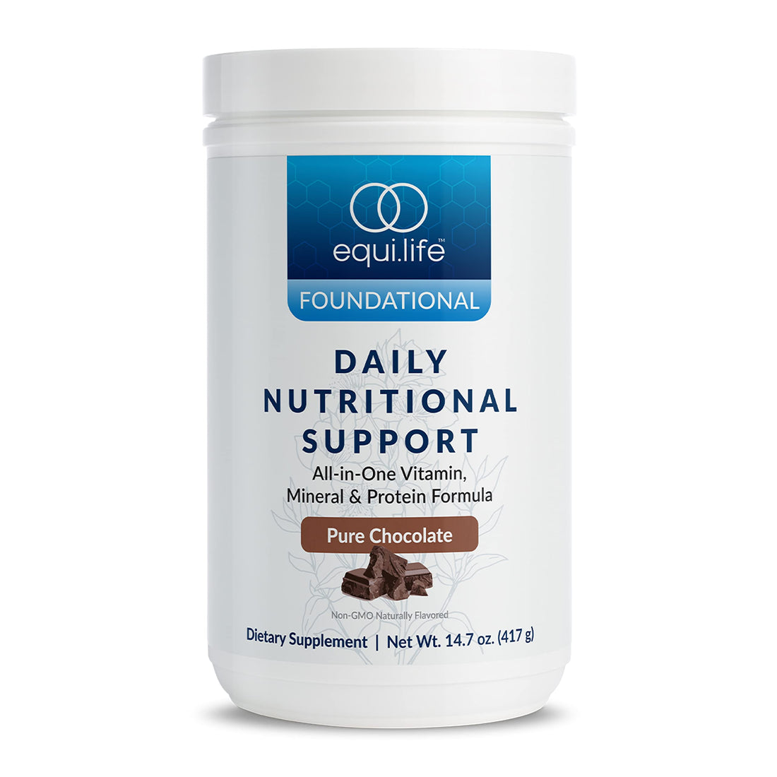 Equilife - Daily Nutritional Support, Organic and Plant Based Protein Powder, All-in-one Multivitamin, Boost Energy and Mood, Gut-Cleansing Aid and Skin Health (Pure Chocolate,14 Servings Tub)