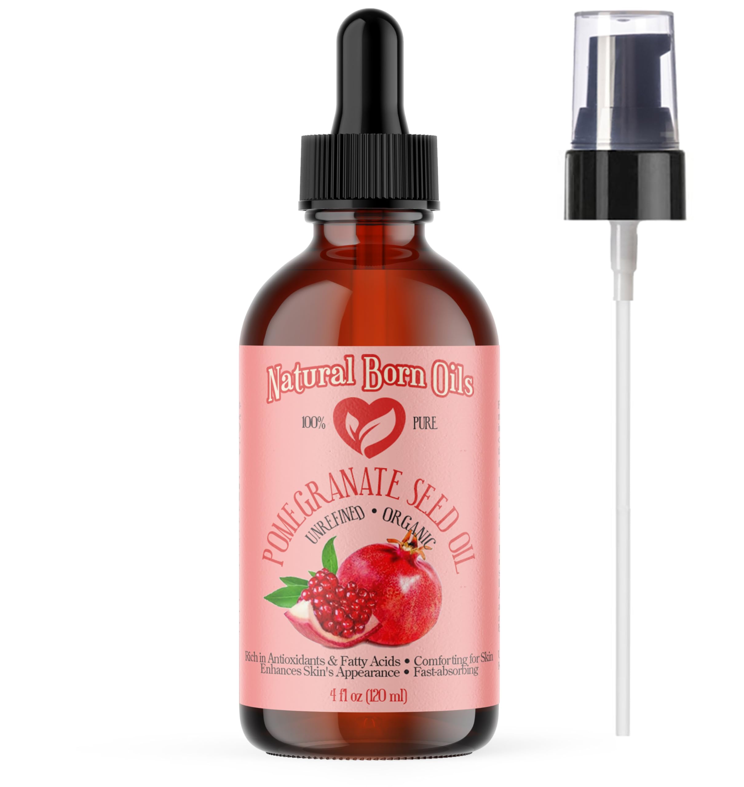 SALE! 4oz Pomegranate Seed Oil, 100% Pure and Natural, Organic and Rich in Antioxidants for Supple, Soft Skin and Hair - Includes Dropper & Pump