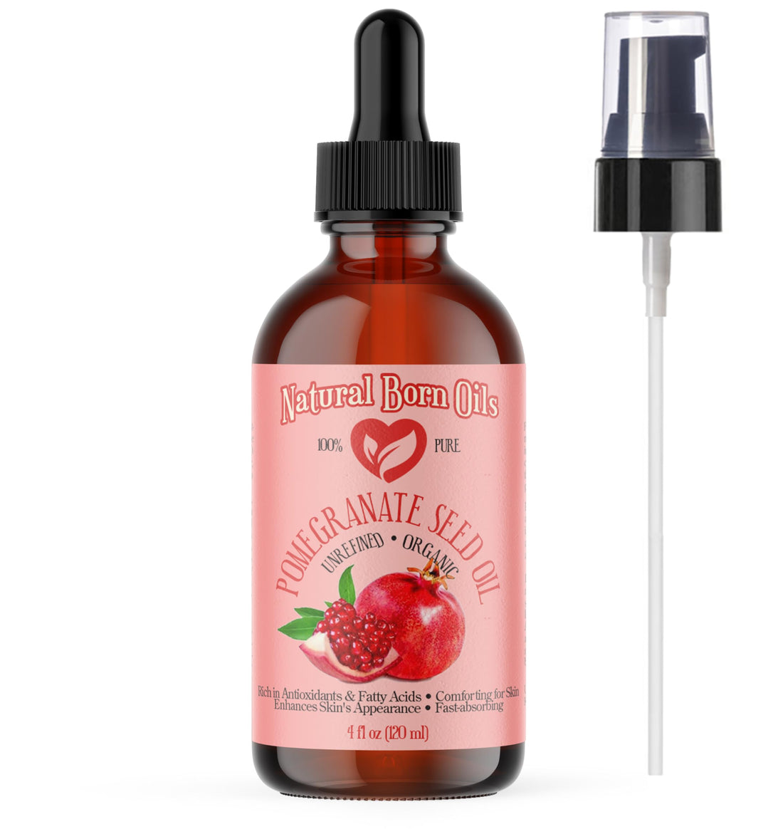 SALE! 4oz Pomegranate Seed Oil, 100% Pure and Natural, Organic and Rich in Antioxidants for Supple, Soft Skin and Hair - Includes Dropper & Pump