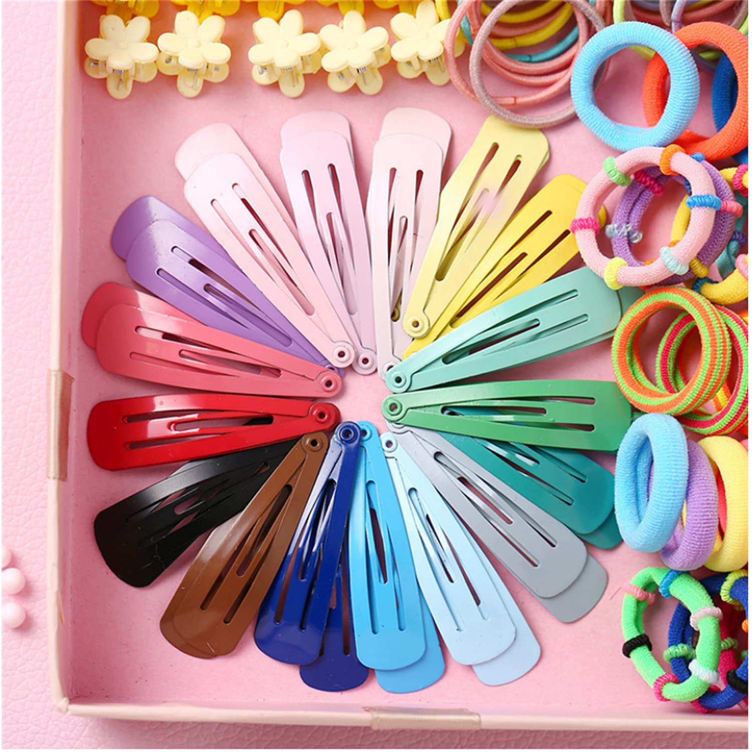 Funern 780 PCS Girls Hair Accessories Set, Elastic Hairbands Small Hair Ties, Slip Metal Snap Hair Clips Barrettes for Kids Teens Women, Pink, 7.5*5*1.5 IN