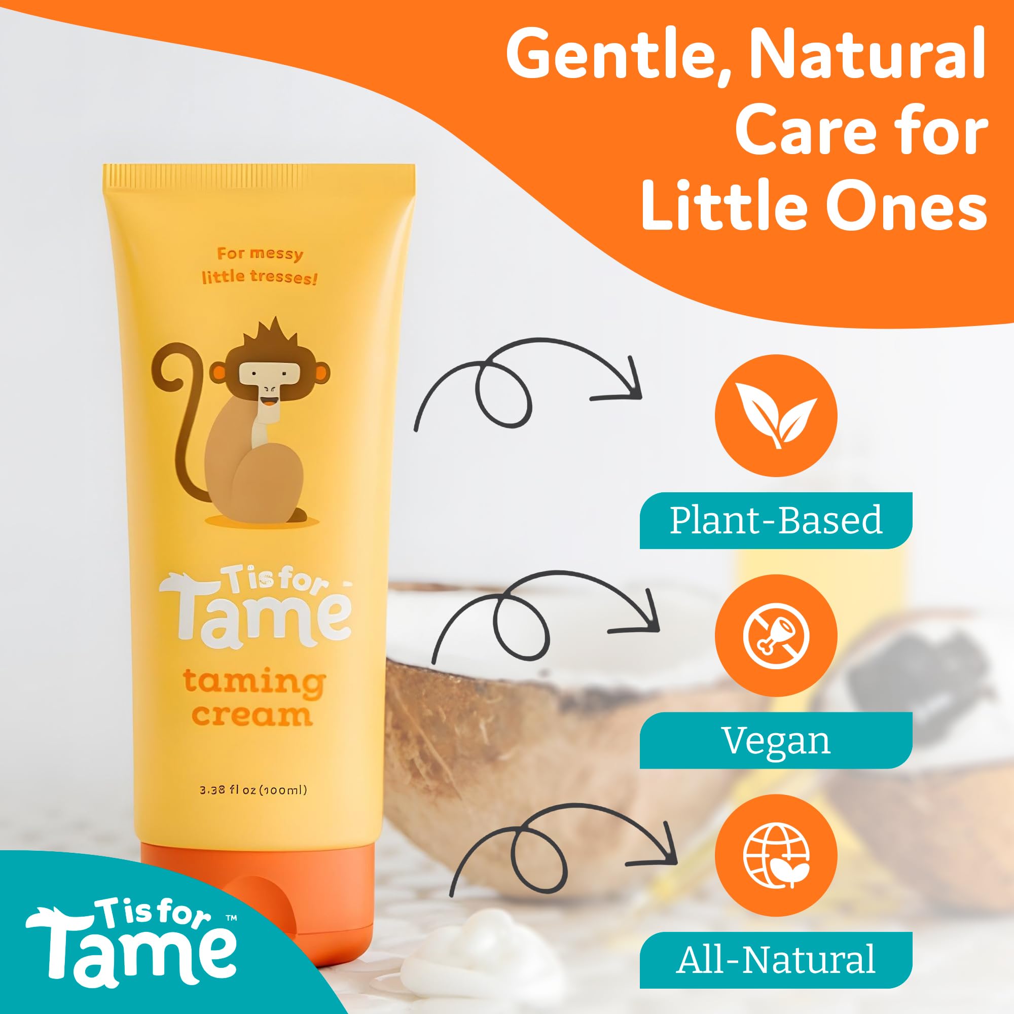 T is for Tame - All-Natural Hair Taming Cream for Kids, Frizz & Flyaway Control, Coconut Oil & Jojoba Leave-In, Safe for Babies & Toddlers, Non-Greasy, 3.38 Fl Oz (Bundle of 2)