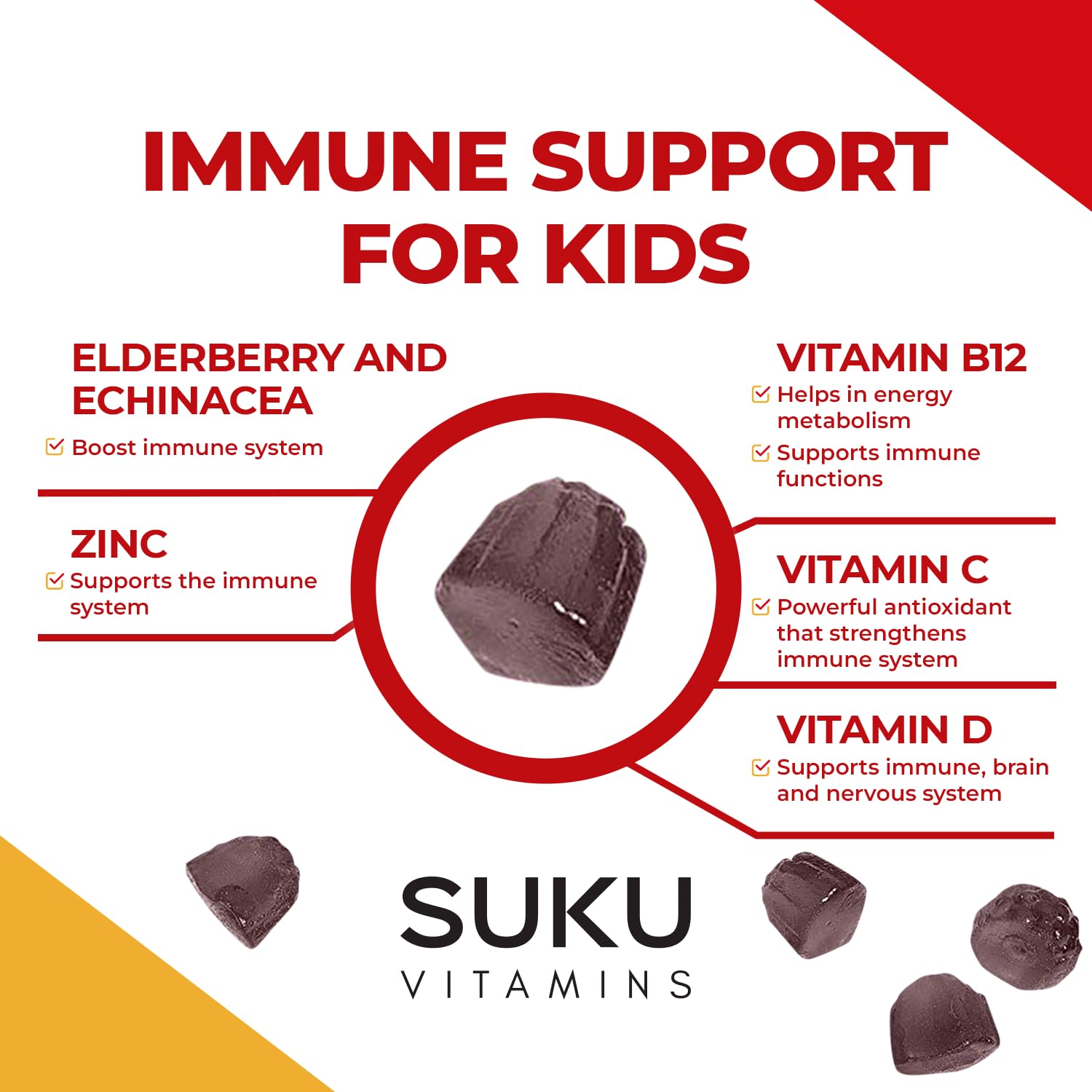 SUKU Vitamins - Kids Super Immunity - Elderberry, Echinacea, Vitamin A and Zinc Gummies for Immune Support - Easy to Chew - Non GMO, Gluten Sugar Free - Pomegranate Lime Gummy Vitamins, 50 Count
