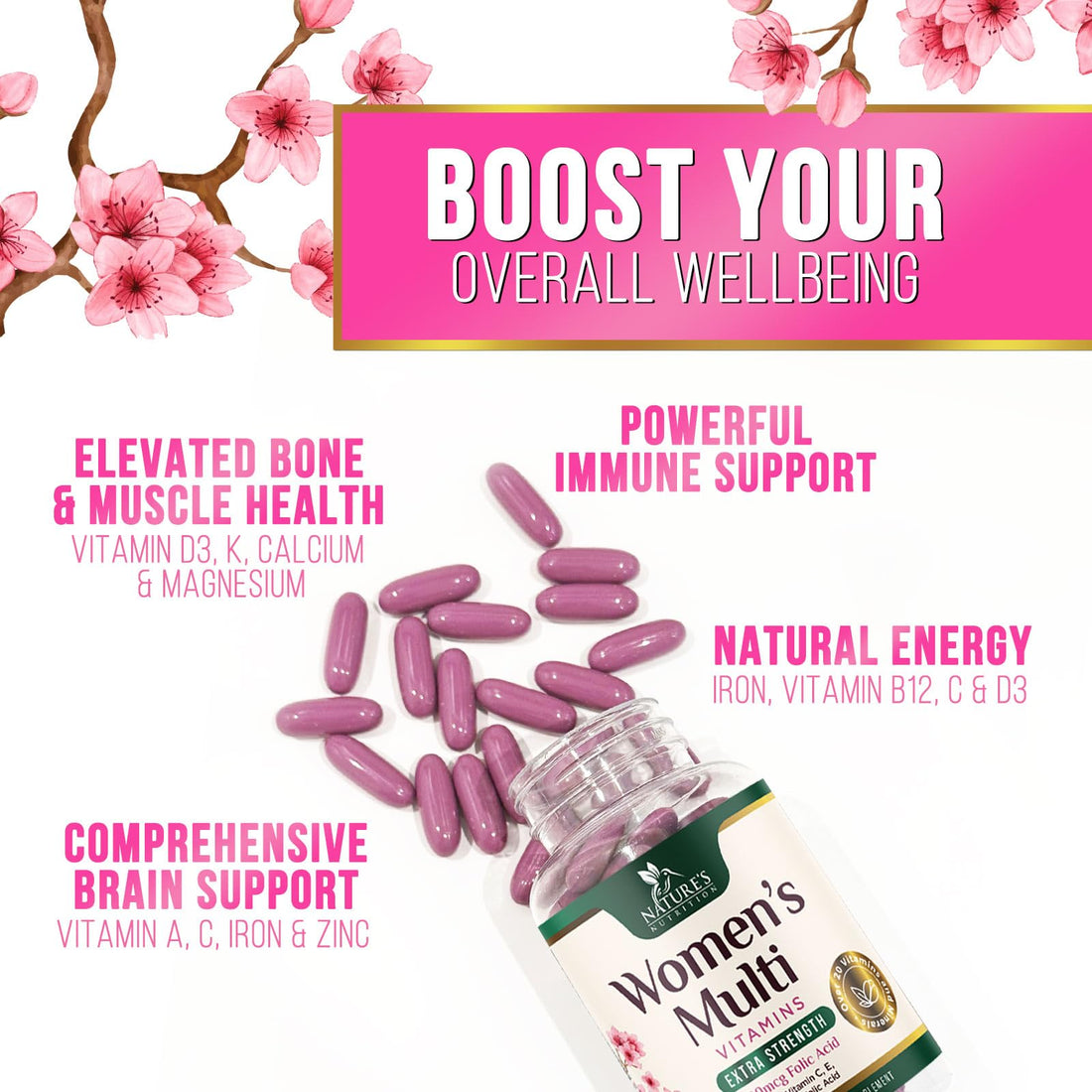 Multivitamin for Women with Iron, Calcium, Zinc, Vitamin A, C, D, E, & B Vitamins for Bone, Skin & Immune Health Support, Nature's Daily Womens Multivitamins for Women's Energy & Health, 60 Softgels