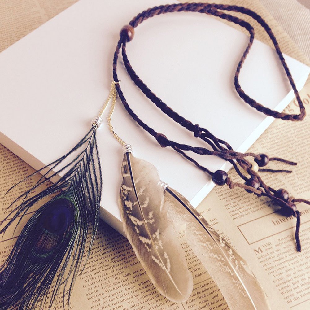 Girls Women Lady BOHO Peacock Feather Hair Band Head Band Hairdressing Folk Style Indian Handmade Headband Hair Hoop Headpiece Headwear Accessory