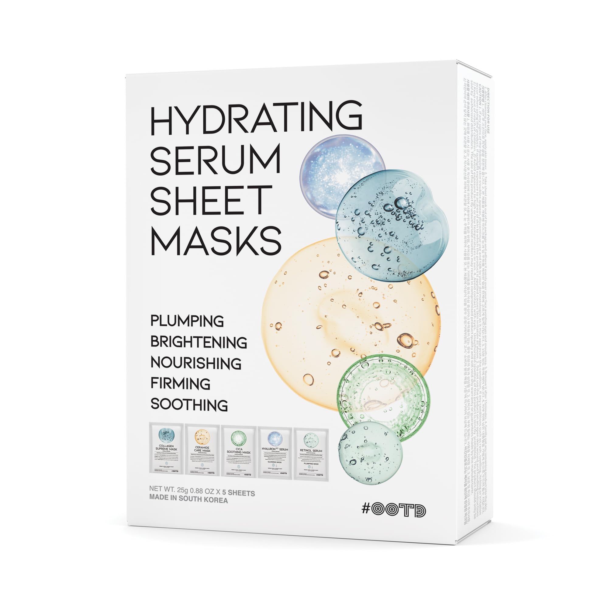 Hydrating Sheet Mask Starter Kit Variety Pack for Skin Care, Dry, Ance, Sensitive Skin, Korean Vegan Facial Sheet Mask for Men & Women, Collagen, Cica, Ceramide, Hyaluron, Retinol 5EA
