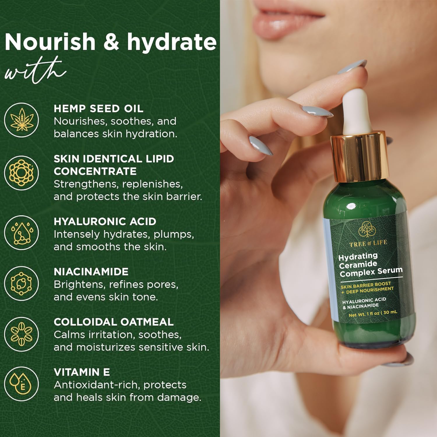 Tree of Life Beauty Ceramide Serum Complex - Skin Barrier Serum with Hemp Seed Oil - Nourishing Barrier Serum with Hyaluronic Acid, Niacinamide and Colloidal Oatmeal - Hydrating Serum for Face 1 Fl Oz