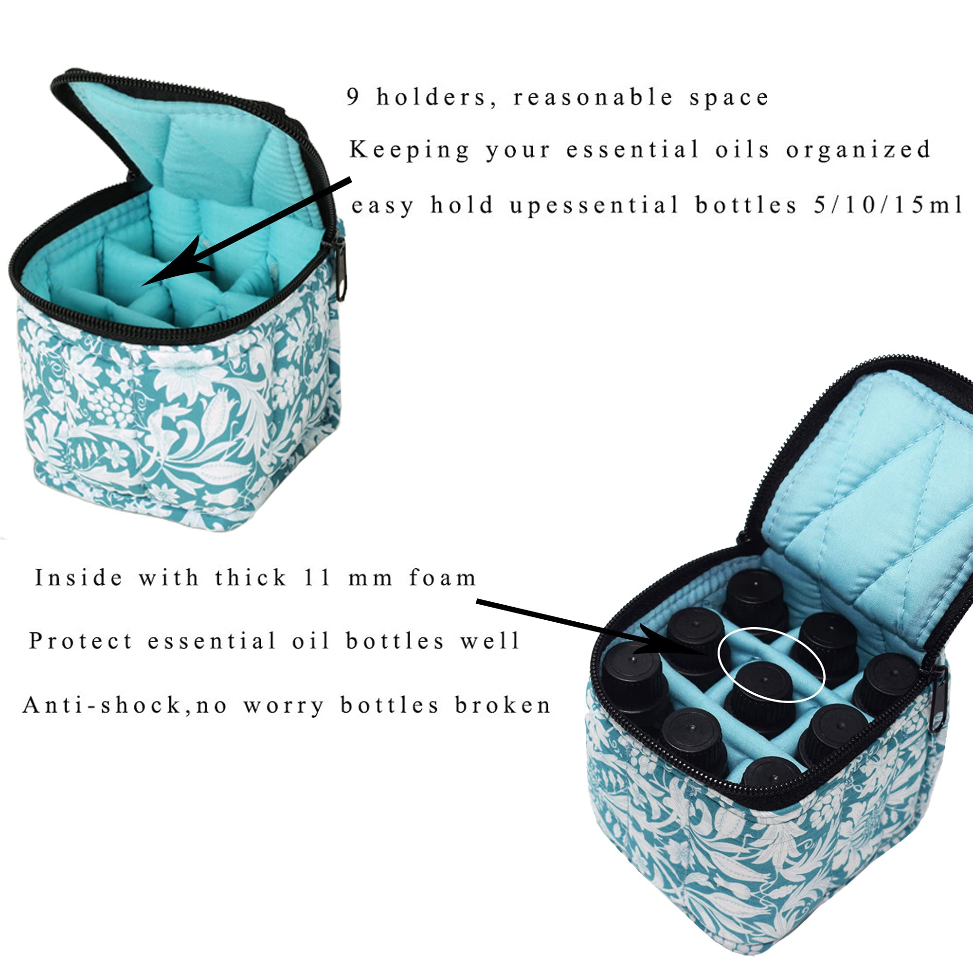 9 Bottles Essential Oil Carrying Case Shockproof Essential Oils Organizer Travel Bag Suitable for 5ml,10ml,15ml Bottles or 10ml Roller Bottles with Portable Handle and Double Zipper (Aqua Green)