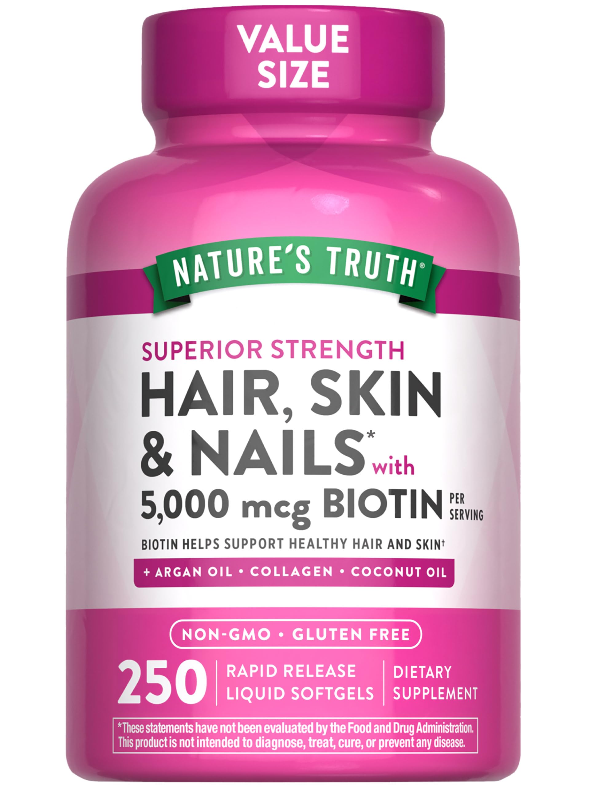 Nature's Truth Hair, Skin & Nails Vitamins | 5000mcg | 250 Softgels | Includes Collagen, Biotin and Coconut Oil | Non-GMO & Gluten Free Supplement for Women and Men
