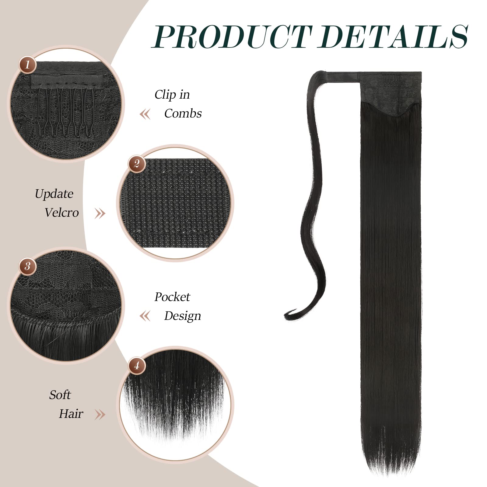 FESHFEN Straight Long Ponytail Extensions 28 Inch Wrap Around Synthetic Hair Piece Pony Tail Hair Extensions Hairpieces for Women Girls