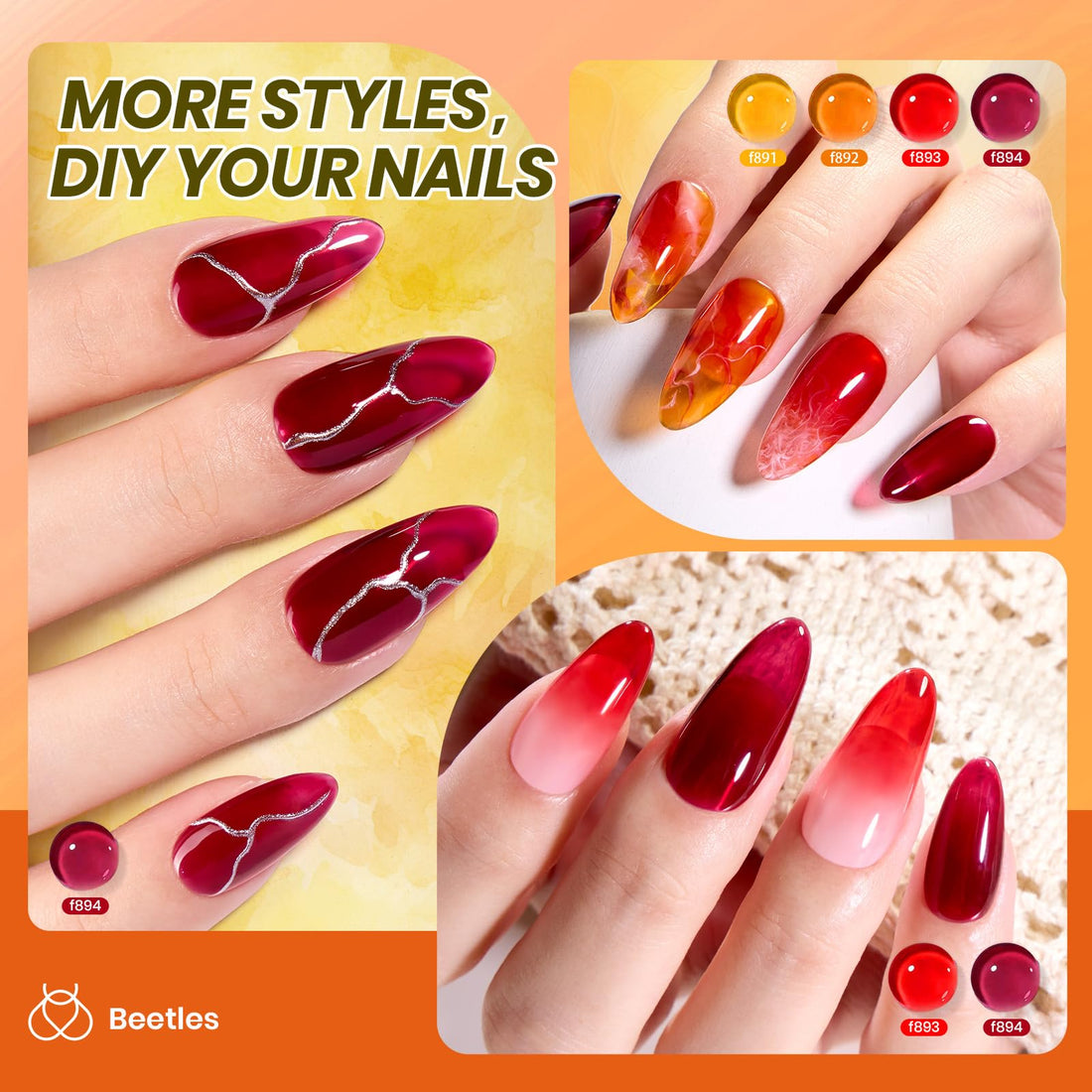 Beetles Jelly Gel Nail Polish Set - Autumn Prism Jelly Gel Polish, 6 Colors Fall Gel Polish Kit Yellow Orange Burgundy Red Purple Green Sheer Translucent Soak off UV Nail Art Manicure Gift for Women