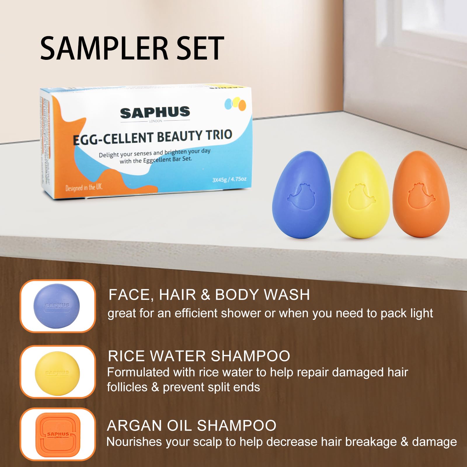 SAPHUS Egg Shampoo Bars Easter Gift Set, Travel Size Solid Shampoo Soap, 3Pc Sampler, Sulfate Free, Zero Waste
