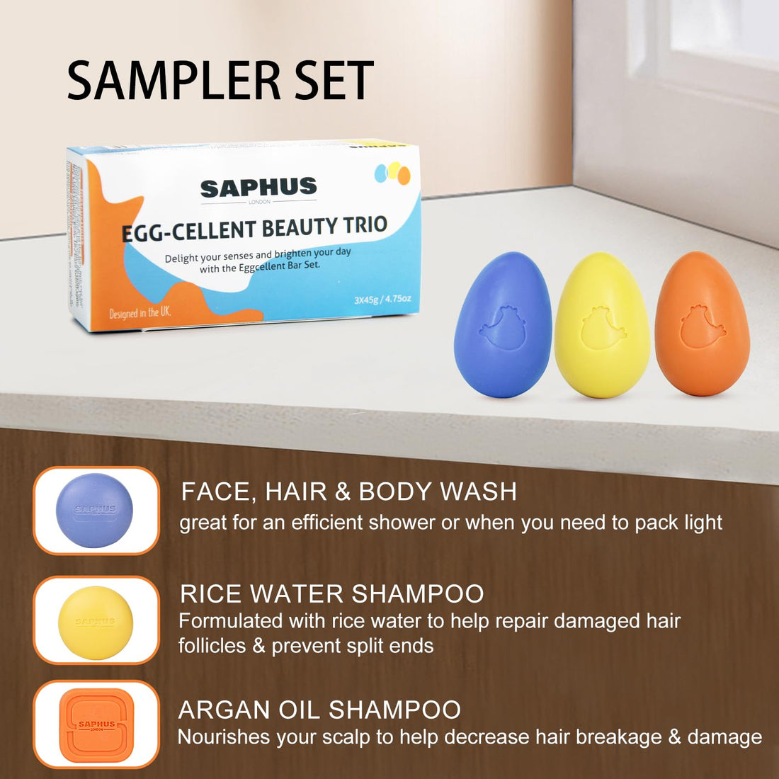 SAPHUS Egg Shampoo Bars Easter Gift Set, Travel Size Solid Shampoo Soap, 3Pc Sampler, Sulfate Free, Zero Waste