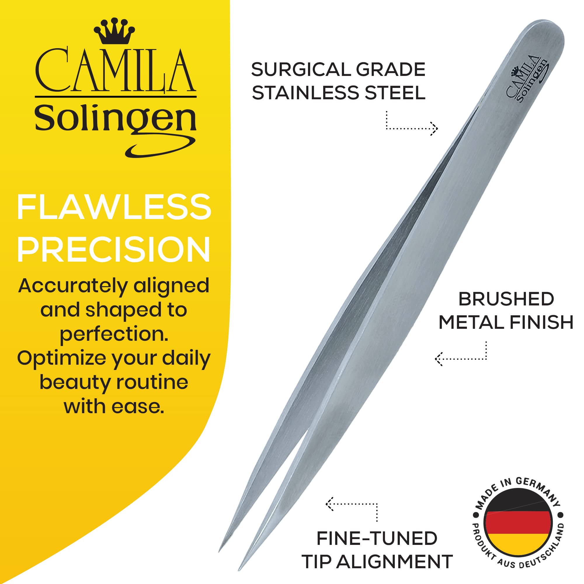 Camila Solingen CS27 4 Professional Surgical Grade Stainless Steel Precision Tip Eyebrow Tweezers for Facial Hair Shaping & Removal. Beauty Tool for Men/Women. Made in Solingen Germany (Pointed)