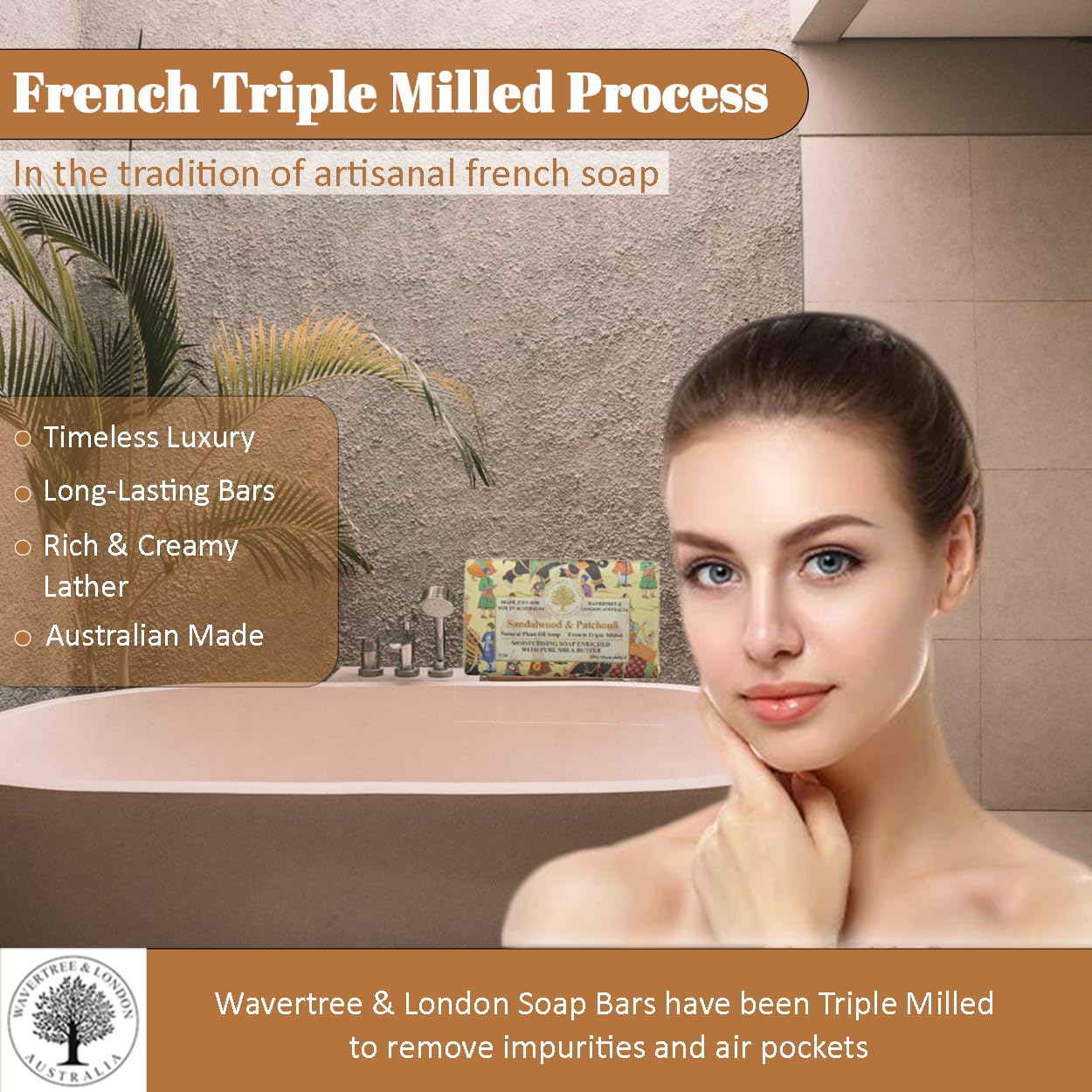 Wavertree & London Sandalwood & Patchouli Scented Natural Soap (8 Bars), 7oz Moisturizing French Triple Milled Soap Bars enriched with shea butter - Pure Plant Oil Bath & Body Soap for All Skin Types