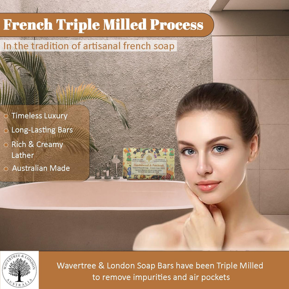 Wavertree & London Sandalwood & Patchouli Scented Natural Soap (8 Bars), 7oz Moisturizing French Triple Milled Soap Bars enriched with shea butter - Pure Plant Oil Bath & Body Soap for All Skin Types