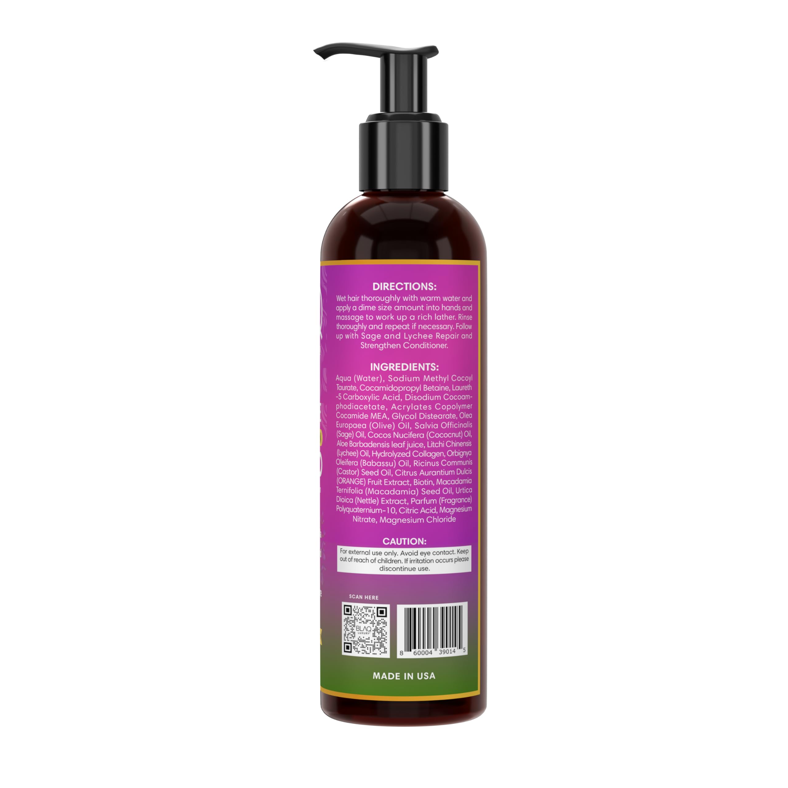 Blaq Luxury Sage & Lychee Repair and Strengthen Shampoo - Infused with Biotin and Nettle - Sulfate-Free Formula for All Hair Types - Promotes Hair Repair, Growth, and Scalp Health - 12 fl oz