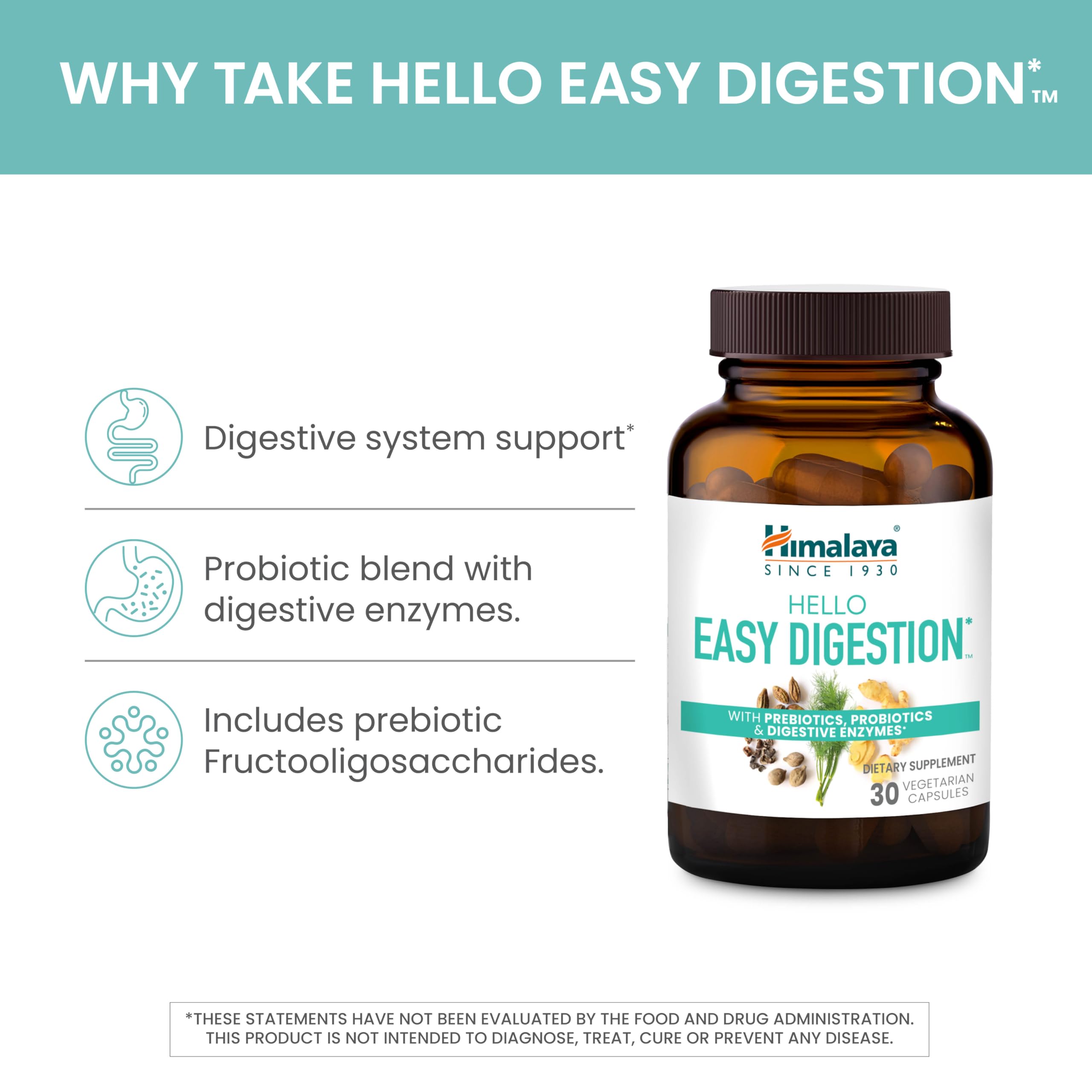 Himalaya Hello Easy Digestion, Digestive Enzymes with 2 Billion CFU Probiotics and Prebiotics, Plus 100 mg Herbal Digestive Support with Ginger, Fennel & Triphala, 30 Vegetarian Capsules