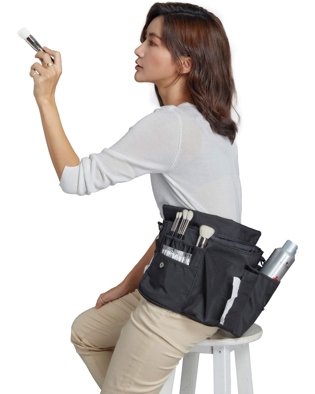 Rownyeon Professional Cosmetic Makeup Brush Bag Case Portable Cosmetic Brush Holder Organizer with Artist Adjustable Belt Strap(Brushes Not Included)