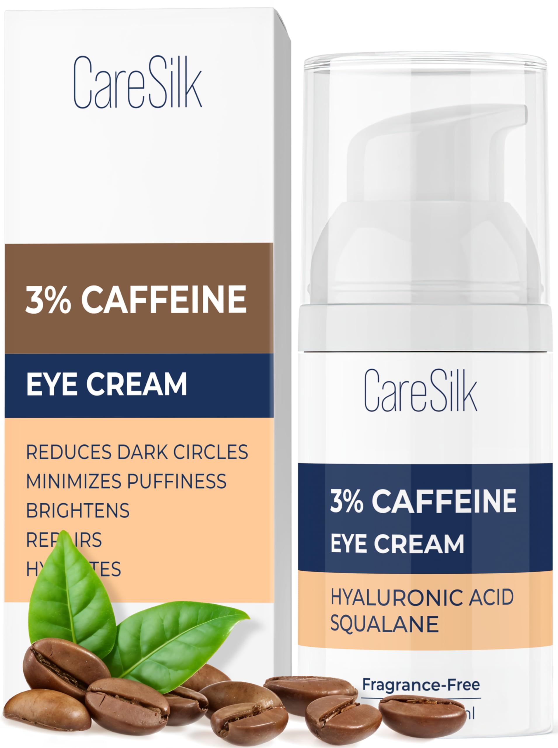 CARESILK Caffeine Eye Cream for Puffy Eyes Treatment + Hyaluronic Acid & Squalane - Under Eye Cream, Dark Circles Under Eye Treatment, Under Eye Corrector Serum - 0.5oz
