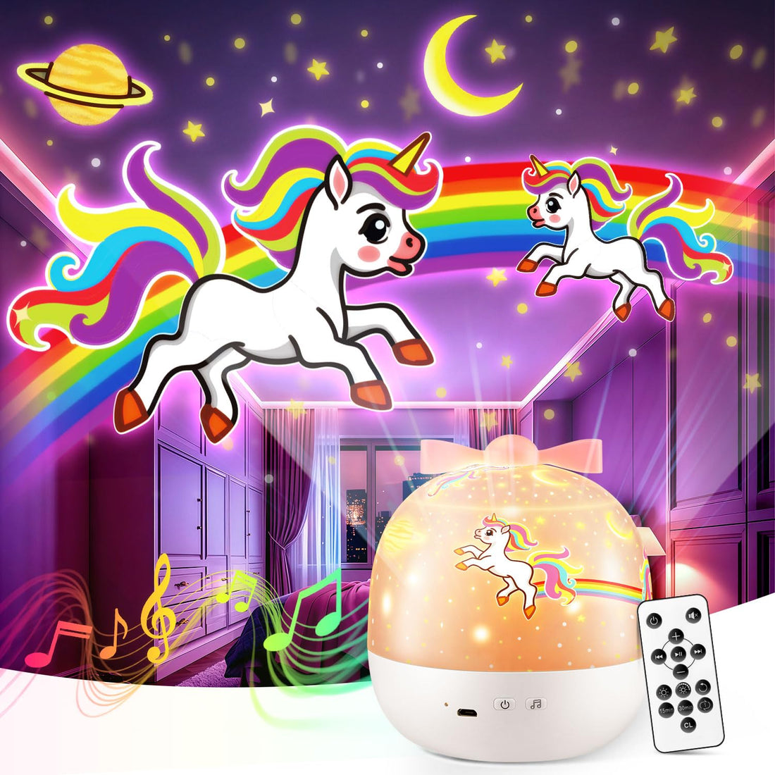 PIKOY Night Light for Kids, 15 Films+15 Sound Machine for Kids Projector Light, 360 °Rotation Princess Night Light Projector for Kids Room,Remote+Rechargeable Unicorn Lamp,Unicorn Gifts for Girls Toys