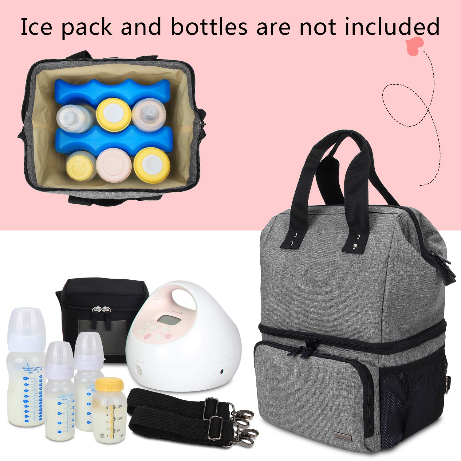 LUXJA Breast Pump Bag with 2 Compartments for Breast Pump and Cooler Bag, Breast Pumping Case with 2 Options for Wearing, Gray