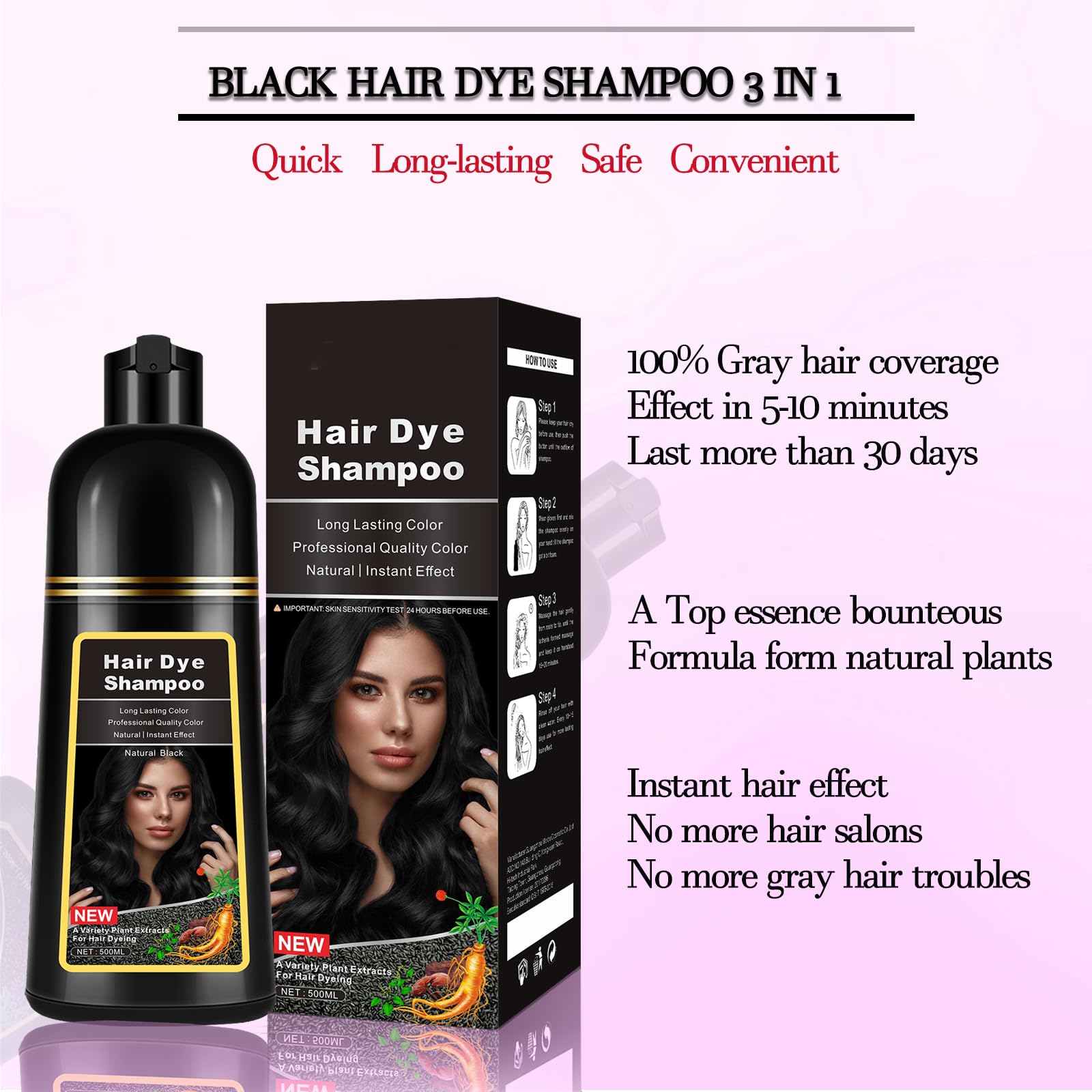 CSFDXD Instant 3-in-1 Black Hair Dye Shampoo for Gray Hair Coverage, Herbal Formula for Men & Women - Colors in 10-15 Minutes, 500ml (Ammonia & Paraben Free)