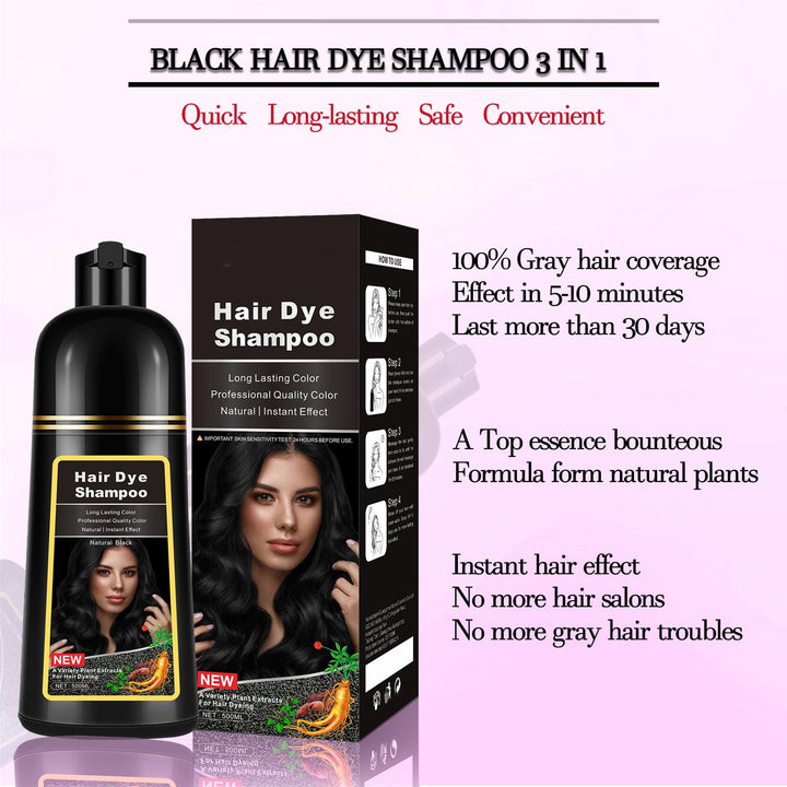 CSFDXD Instant 3-in-1 Black Hair Dye Shampoo for Gray Hair Coverage, Herbal Formula for Men & Women - Colors in 10-15 Minutes, 500ml (Ammonia & Paraben Free)