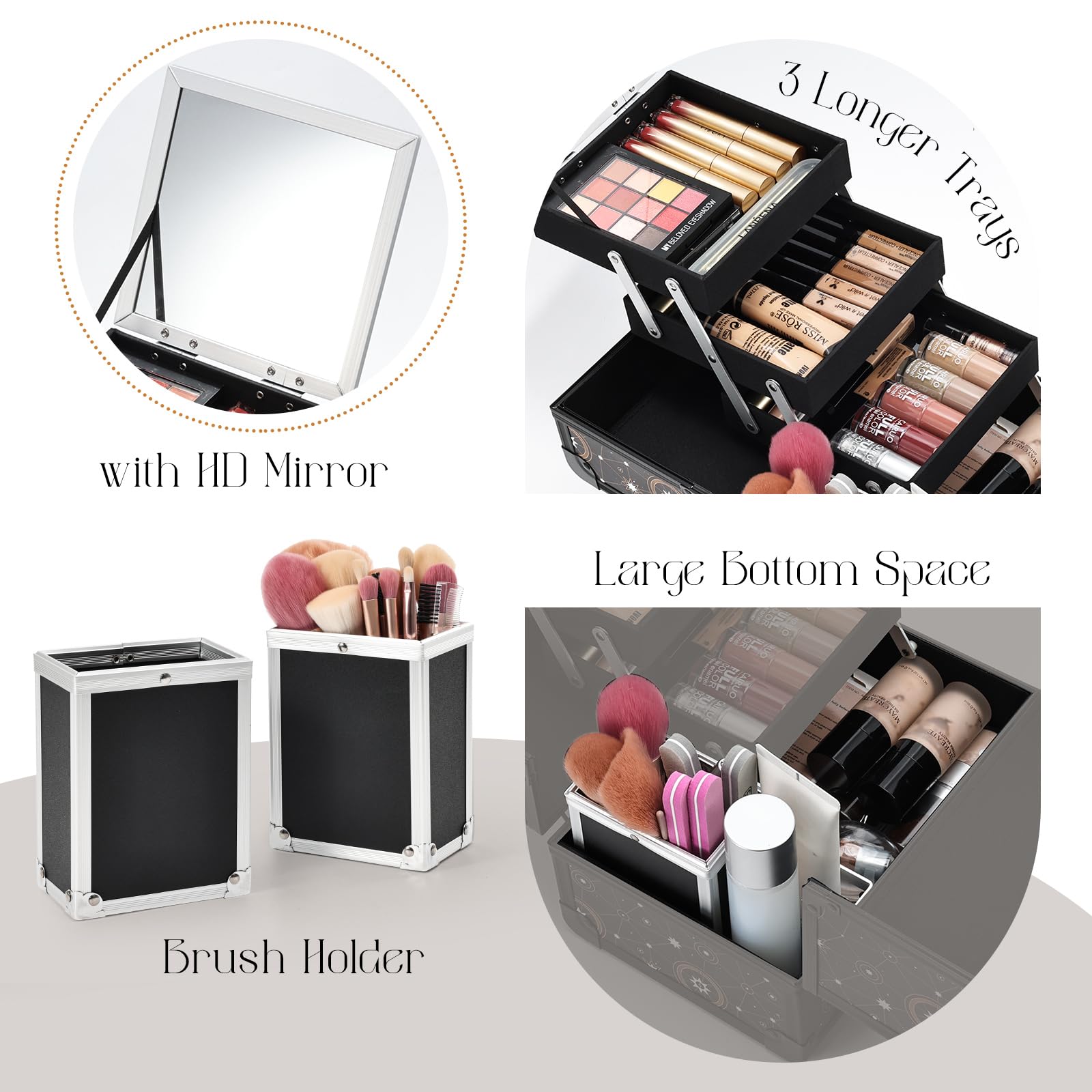 Joligrace Makeup Train Case Cosmetic Organizer Box Lockable with 3 Trays and a Brush Holder Pattern Collection - Star Chart