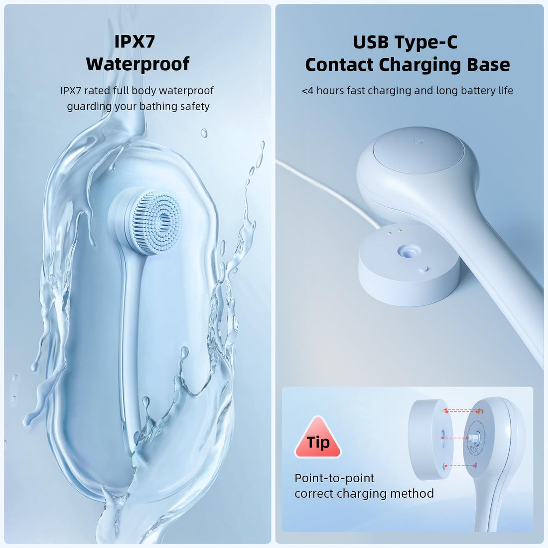 Oh,XIYU. Electric Body Brush Back Scrubber for Shower, Waterproof Long Dual Handle Power Body Scrubber with 3 Heads, Rechargeable Bath Brush & 2 Speeds, for Cleansing, Exfoliating and Massaging Skin